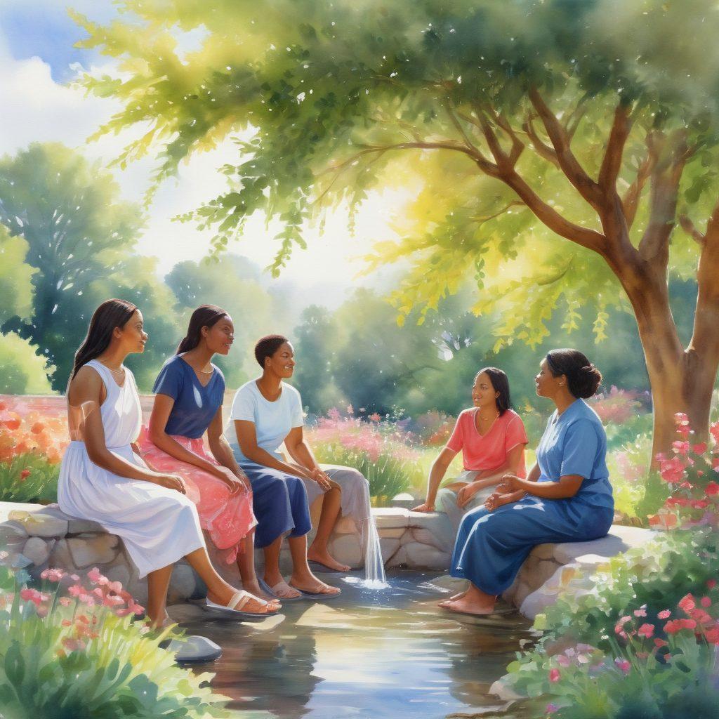 A serene and uplifting scene of a diverse group of individuals in a sunlit garden, engaging in supportive conversations and activities that signify hope and empowerment. Include symbols of wellness such as a blooming tree, flowing water, and soft sunlight breaking through the clouds. Emphasize a sense of community, resilience, and positivity. watercolor painting. vibrant colors. soft focus.