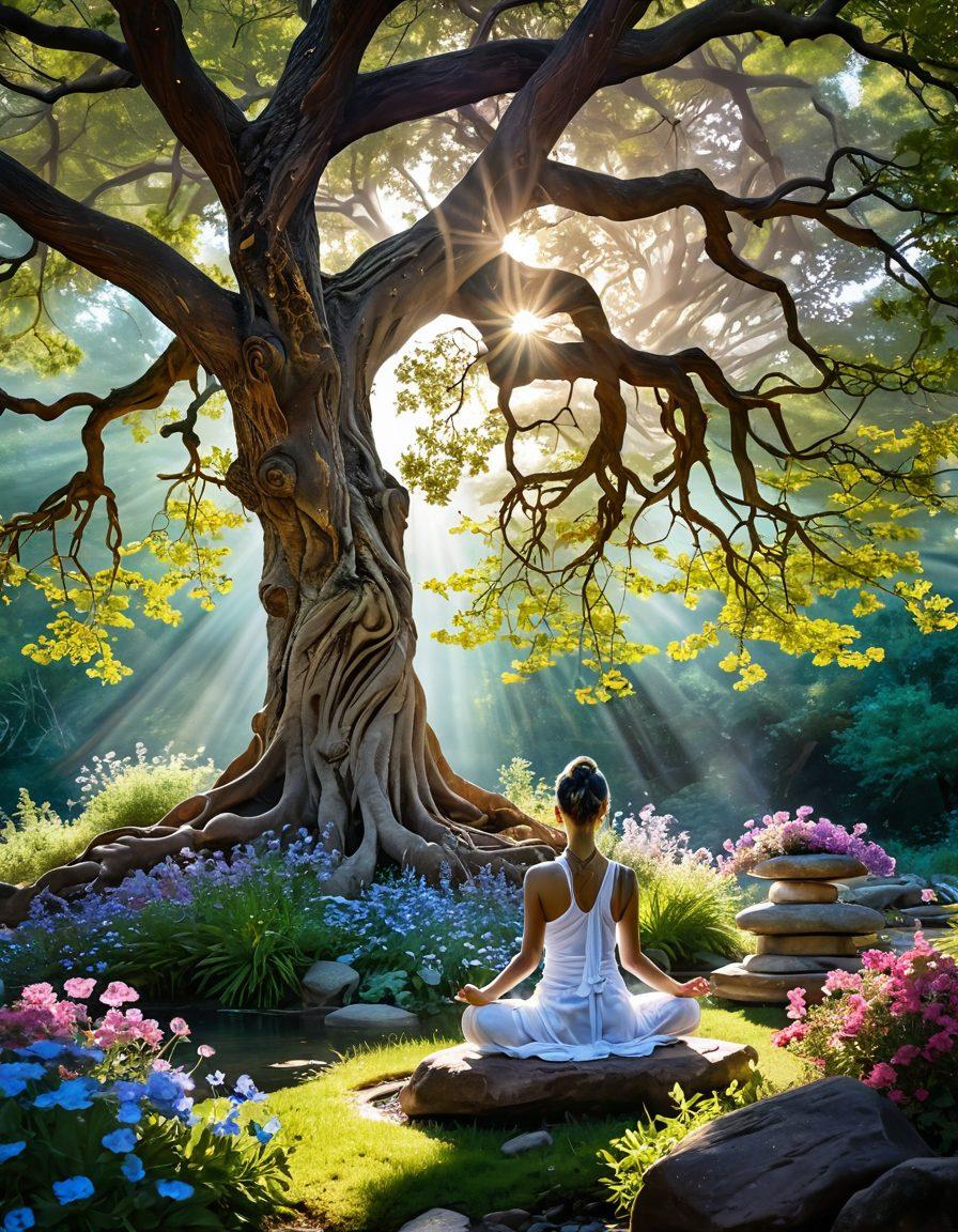 A serene landscape featuring a person meditating under a large, ancient tree, surrounded by vibrant flowers and gentle streams, symbolizing the holistic approach to wellness. In the background, soft rays of sunlight filter through the branches, creating an ethereal atmosphere. The image should convey a sense of peace and balance among mind, body, and spirit in the context of cancer care. botanical illustration. calming colors. soft focus.