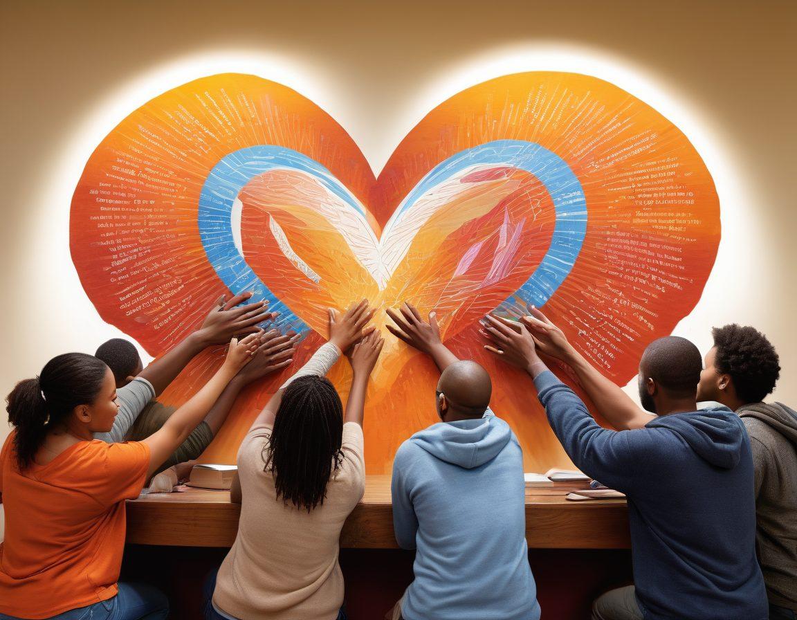 A diverse group of people gathered in a cozy community center, engaged in sharing experiences and exchanging resources; a mural of support and transformation on the wall behind them, showcasing interconnected hands and hearts; warm lighting creating an inviting atmosphere; books, resources, and uplifting posters strategically placed around; a sense of unity and encouragement. vibrant colors. super-realistic.